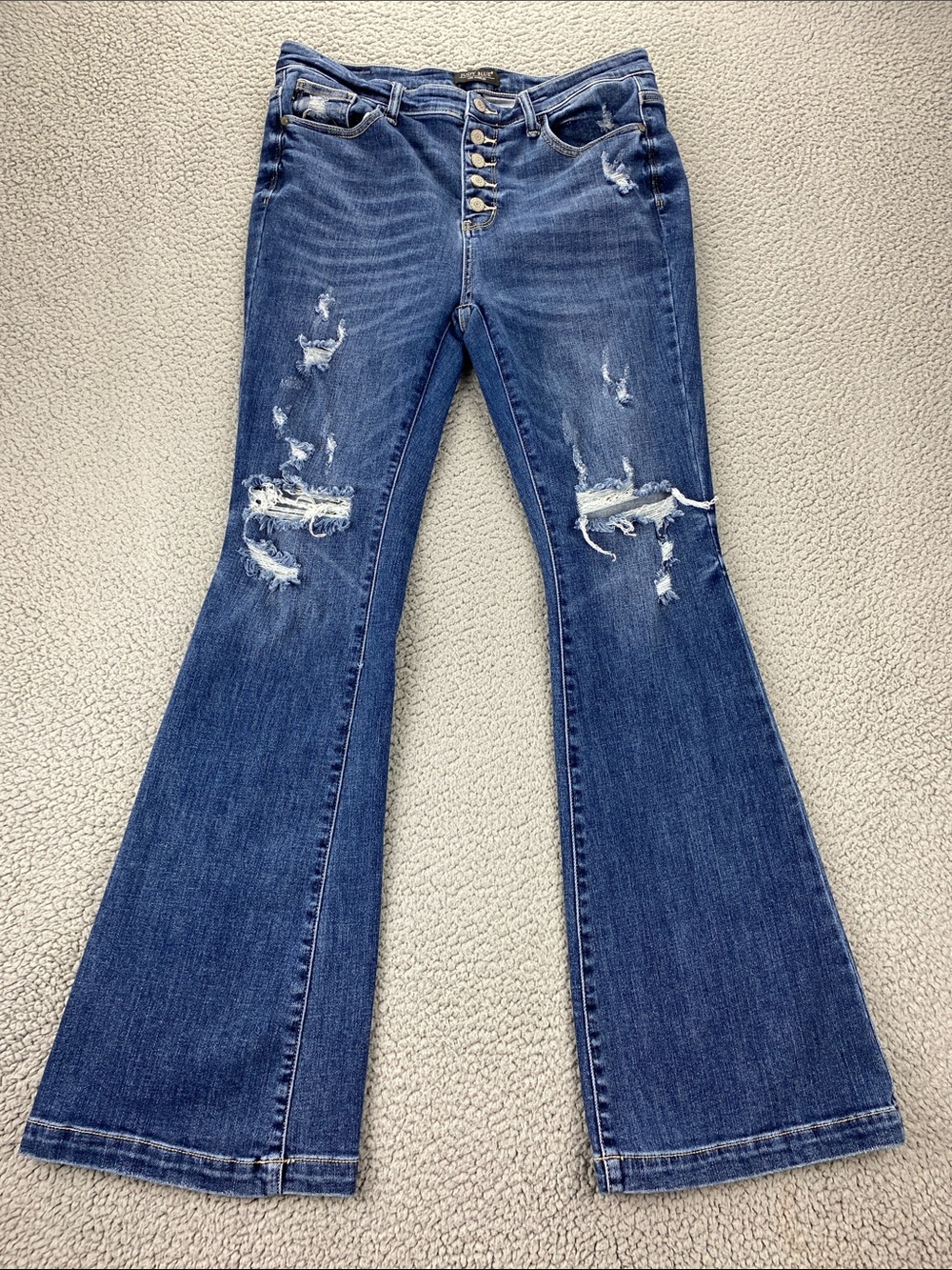 Judy Blue Women's Distressed Button Fly Trouser Flare Jeans  |  Size:  15/32